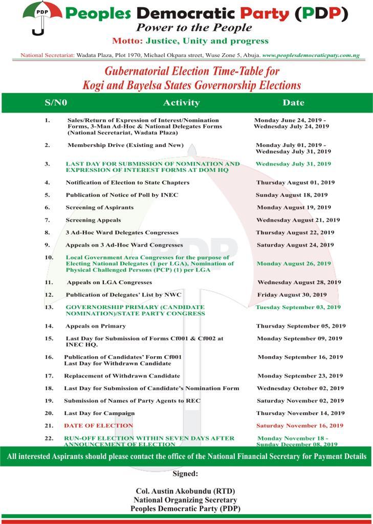 PDP Released Time Table for Bayelsa and Kogi State Gubernatorial Elections 